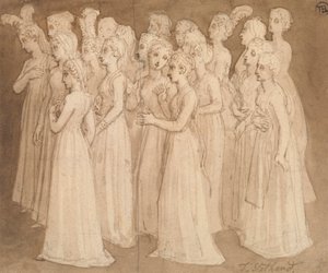 左に歩くグループの20人の若い女の子