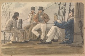 デッキでくつろぐ4人の船員、1人は読書中 作： Thomas Streatfeild