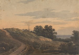家、小道、人影のある丘陵の風景 作： Thomas Sully