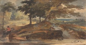 Maisema kumpulla puiden kanssa, hahmo hevosen selässä 作： Thomas Sully