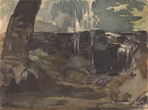 岩が多い風景、フォア グラウンドで大きな木の幹 作： Thomas Sully