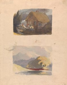 1 枚のシートに 2 つの図面: 前面に人物がいるコテージ (no. 15); 川と山のある風景 - 日光 (no. 16) 作： Thomas Sully