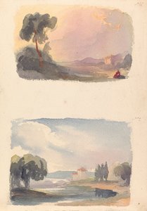 1 枚のシートに 2 つのドローイング: 遠くに山があり、前景に座っている人物がいる風景 (No. 1); 川と建物のある風景、遠くの山 (その2) 作： Thomas Sully