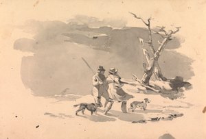 冬景色の 2 人のハンターと 2 匹の犬 作： Thomas Sully