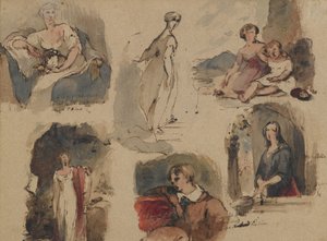 [無題]（6つの図の研究）、c.1830s（ベージュの鉄の胆汁インクとトイレ、中程度の厚さの適度にテクスチャのあるアンティークのレイド紙）（直腸） 作： Thomas Sully