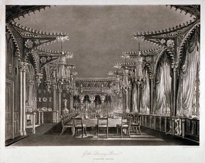 カールトン ハウス、ウェストミンスター、ロンドン、1819 年のゴシック様式のダイニング ルームの内部ビュー 作： Thomas Sutherland