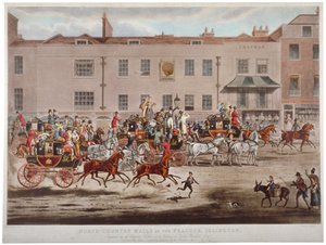 1823 年、ロンドン、イズリントン ハイ ストリートのピーコック インの前に停車する郵便馬車。 作： Thomas Sutherland