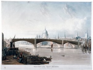 バンクサイドから見た「サザーク鉄橋」、ロンドン、1819 年 作： Thomas Sutherland