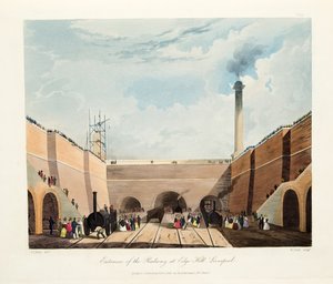 1831年、リバプール、エッジヒルの鉄道の入り口（手書きの彫刻） 作： Thomas Talbot Bury