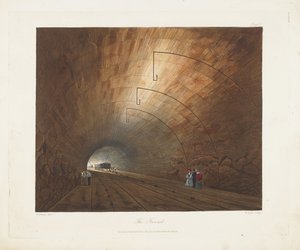 トンネル。 1831年、リバプールとマンチェスター鉄道のカラービューから 作： Thomas Talbot Bury