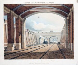 1837年ユーストンスクエアの駅に向かって、ハムステッドロードブリッジの下から撮影したビュー（手書きの彫刻） 作： Thomas Talbot Bury