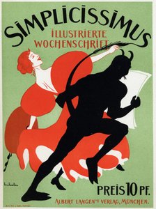 美術。 文学。 雑誌Simplicissimus。 Thomas Thedor Heineによるポスター、ドイツ、1890年頃（ポスター） 作： Thomas Theodor Heine