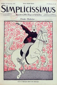 ベニート ムッソリーニ (1883-1945) の似顔絵、1923 年 9 月 24 日にミュンヘンで発行された「Simplicissimus」マガジンの表紙 (カラー リソ)
