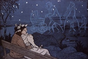 星空で彼らの未来を見ながら、子供たち、家族など、野外でカップルを組んでください。 イラスト：Th.Th. Heine in: シンプリシムス、ドイツ 作： Thomas Theodor Heine