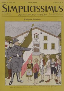 ムッソリーニ (1883-1945) とイタリアのチロル、「Simplicissimus」誌の漫画、1924 年 10 月 24 日 (カラー リソ) 作： Thomas Theodor Heine