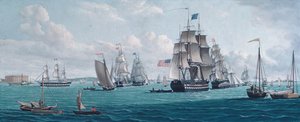 U.S. Ship Franklin, with a View of the Bay of New York, 1820s or 1830s. 作： Thomas Thompson