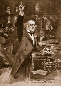 ホームルール法案の紹介：グラッドストン氏、1886年の「キャッセルの図解されたイギリスの歴史」のイラスト（セピア写真） 作： Thomas Walter Wilson