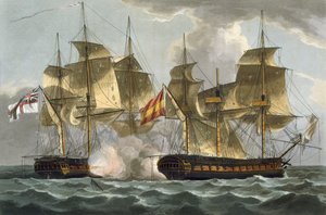 1796年10月13日、マホネサの捕獲、J。ジェンキンスの「海軍の功績」のためにトーマスサザーランドによって彫刻された、1816年（カラー彫刻）