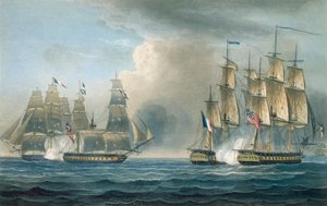 1820年に出版されたJ.ラルフによる「イギリスの海軍年代学」のためにT.サザーランドによって刻まれた、1806年のHMSアレトゥサによるキューバ沖のポモンの捕獲