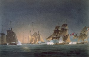 1820年に出版されたJ.ラルフによる「イギリスの海軍の年代学」のためにJ.ベイリーによって彫刻された4人のフランスの民間人を雇うHMSリナルド 作： Thomas Whitcombe