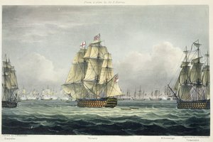1805年10月21日、トラファルガーの戦いで、エウリュアルスとHMSテメレールが隣接するフランス線を航行するHMSビクトリー。