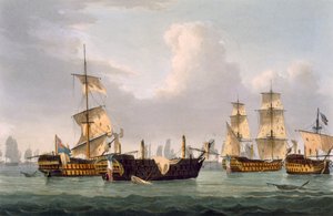 ホーサム卿の行動、1795年3月14日、J。ジェンキンスの「海軍の功績」のためにトーマスサザーランドによって彫刻された、1816年（色の彫刻）