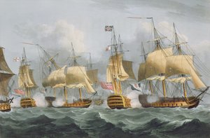 クイーンシャーロットのハウ卿、1794年5月29日、J。ジェンキンスの「海軍の功績」のためにトーマスサザーランドによって彫刻された、1816年（カラー彫刻）