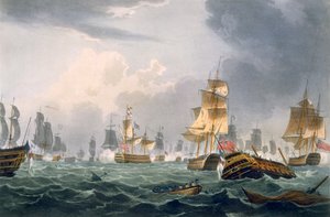 ハウ卿の勝利、1794年6月1日、トーマスサザーランドによってJ.ジェンキンスの「海軍の功績」のために彫刻された、1816年（カラー彫刻）