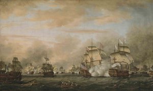 1782 年 4 月 12 日のサントの戦い。フランスの旗艦ヴィル ド パリを攻撃する HMS バルフルール 作： Thomas Whitcombe