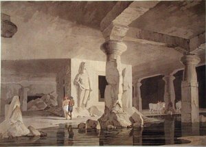 エレファンタ神殿の一部、1800年に出版された「Oriental Scenery」のプレートVIII（カラー・アクアチント） 作： Thomas und William Daniell