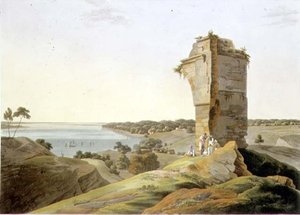 ガンジス川沿いのキュラの砦跡からの眺め、『東洋の風景』第4部のプレートXXI、パブ。1803年（アクアチント）。 作： Thomas und William Daniell