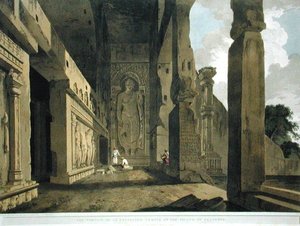 サルセット島の発掘された寺院のポルティコ（「Oriental Scenery:1799年に出版された「Oriental Scenery: Twenty Four Views in Hindoostan」のプレート55（カラーリトグラフ）（195050参照 作： Thomas und William Daniell