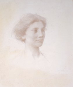 少女の頭、1909年頃（準備された白いマットボード上のシルバーポイント） 作： Thomas Wilmer Dewing