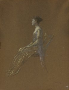 黄色のドレスを着た着席の女性（紙にパステル） 作： Thomas Wilmer Dewing