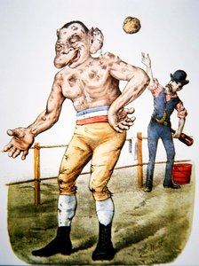 The Loser」または「Throwing-in the sponge」、1883年にCurrier & Ives社から出版された賞金稼ぎの漫画（カラーリトグラフ版） 作： Thomas Worth
