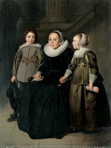 1635年に灰色のダブレットを着た息子と緑のドレスを着た娘と一緒に、ハンカチをかぶった白いドレスと帽子をかぶった黒のドレスを着た、フルレングスの女性の肖像画 作： Thomas de Keyser