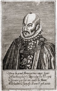 フランスの作家、ミシェル・ド・モンテーニュ（1533-1592）の肖像。Thomas de Leu（1560年-1612年）によるエングレーヴィング。(1560-1612).