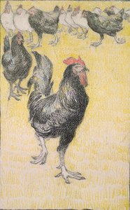 コケコッコー、続いて黒と白の雌鶏（1899年 作： Théophile Alexandre Steinlen
