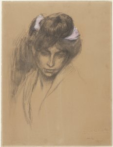 紫のリボンを髪に巻いた暗い少女の頭が下を向いている 作： Théophile Alexandre Steinlen