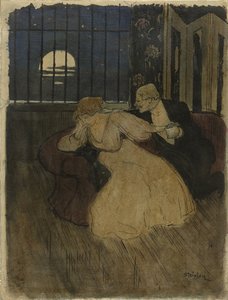 スカートをはいた紳士がソファで疑いを持った女性を説得しようとする 作： Théophile Alexandre Steinlen