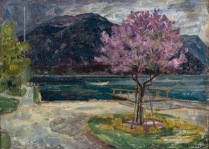アーモンドの木が咲く海岸の風景 作： Thorolf Holmboe