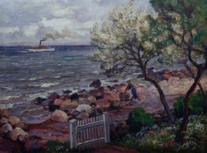 庭の門と女性のいる夏の風景（キャンバスに油彩）