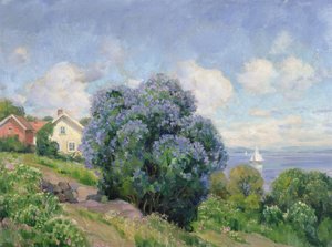 ライラックの茂み、家、帆船のある夏の風景（キャンバスに油彩）