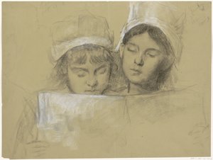 白い帽子をかぶった二人の女の子が本を読んでいる