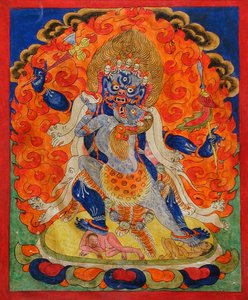 ヤブユムの恐ろしい神、19世紀（綿布の鉱物顔料）