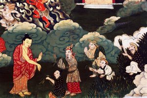 お供え物の草の束、お釈迦様の生涯の場面 作： Tibetan School
