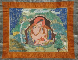 マハシッダ ルイパ、タンカの部分セットから、19 世紀初頭 (サイズ綿に岩絵具、オリジナルのブロケードの台紙) 作： Tibetan School