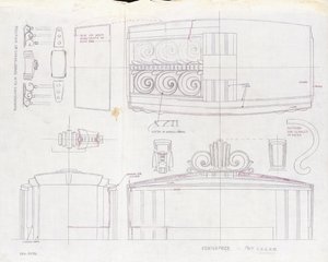 1939年の万国博覧会のために作成されたティファニー博覧会のセンターピースと2つの3灯燭台のデザイン図（紙にインク） 作： Tiffany and Company