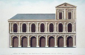 ブリュッセルのグランヴェル枢機卿（1517-86）の邸宅の側面図、ピエール・ジャック・ゴエッヘビュールの「Choix des Monuments, Edifices et Maisons les plus remarquables du Royaume des Pays-Bas」より、著者が彫ったもので、1827年に出版されたアクアチント。 作： Tilman Francois (after) Suys