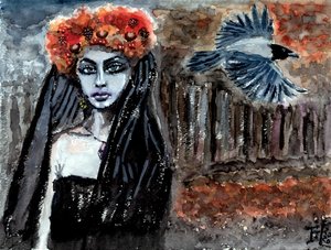 ベールをまとった女性とカラス 作： Tim Hoinkis